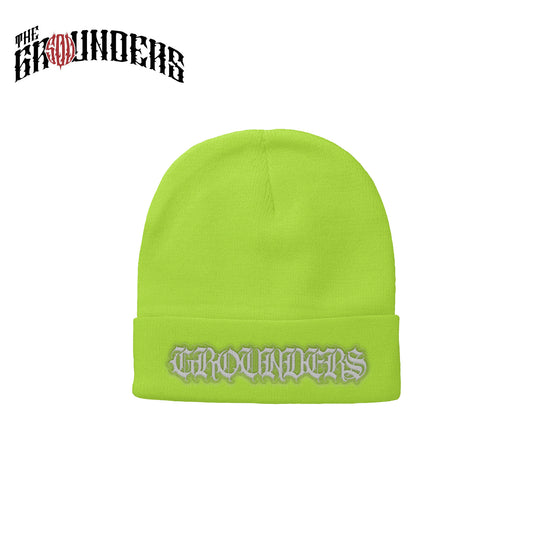 TG NEON GREEN BEANIE OLD ENGLISH EMBRO